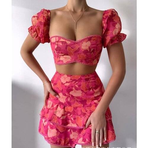 Women Floral Print Pom Pom Ruffles Top & Layered Skirt set Casual 2 Pieces Set Women Party Club Streetwear Female Clothes 2021