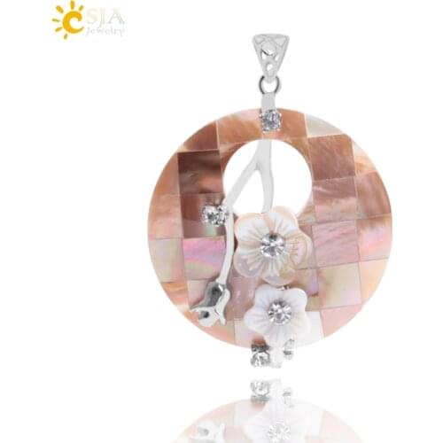 CSJA Mother of Pearl Shell Pendant Big Round Hollow Bead Flowers Natural Stone Shells Charms for DIY Necklace Women Jewelry F033