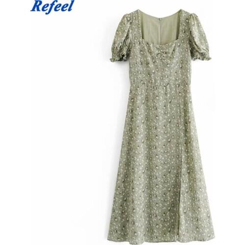 Vintage Girl Dance Print Chiffon Vestidos Palace Short Sleeve Women Midi Dress O Neck Split Dresses