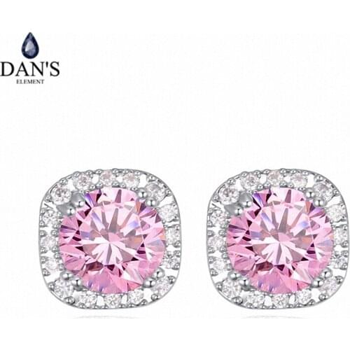 DANS 2 Colors Real Big Brand AAA Zirconia Simple Micro Inlays Fashion Stud Earrings for Women Round 114156Pink