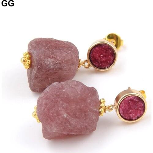 GG Jewelry Natural Strawberry Quartzs Rhinestone Quartz Stud Gold Color Plated Dangle Earrings Cute For Women