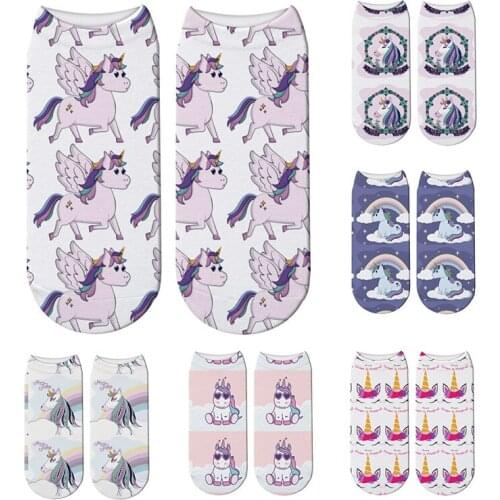 Fashion 3D Print Lucky Unicorn Short Socks Fairy Tale Animal Women Cotton Sock Kawaii Chaussette Cartoon Socks Calcetines Mujer