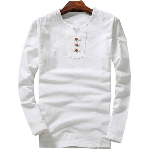 Men linen tshirt long sleeve vintage japan china style antumn cotton large size big 7XL 8XL 9XL 10XL casual t-Shirts V-neck blue