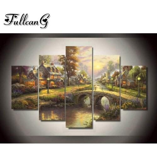 FULLCANG Rural house bridge 5 piece diy diamond painting full square round drill 5d mosaic embroidery landscape decor FC2572