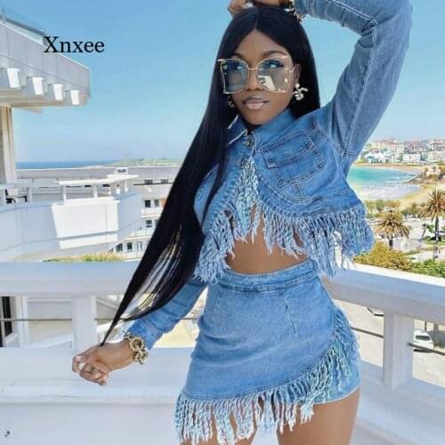 Autumn and Winter Long-Sleeved Two-Piece Set Distressed Fringed Denim Slim Crop Top Mini Skirt Printed Casual Wear