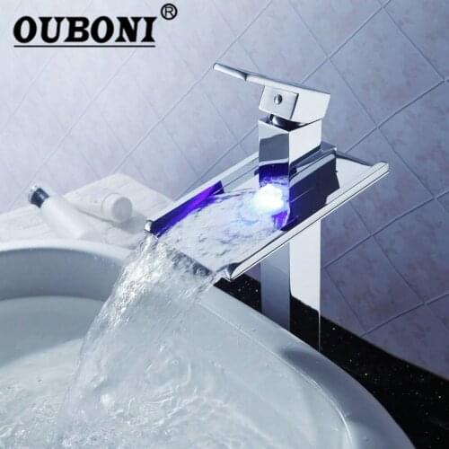 OUBONI New Chrome LED Tall Basin Faucet Water Tap Bathroom Sink Mixer Waterfall Vanity Vessel Sinks Mixers Taps Faucets