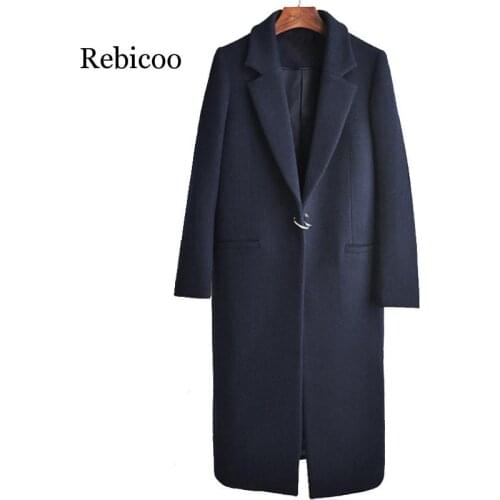 Plus Size New Autumn Winter Women Solid Woolen Coat Fashion Dark Button Woolen Coat Pockets Female Long Overcoat