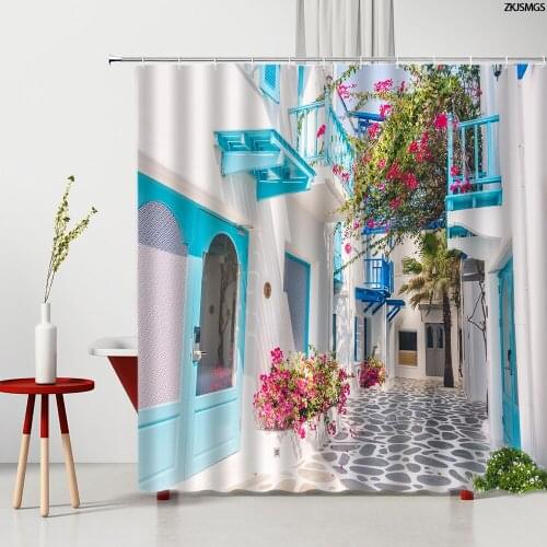 Ancient Greece Flower Street View Shower Curtains European Town Building Landscape Printed Home Bathroom Decor Washable Fabric