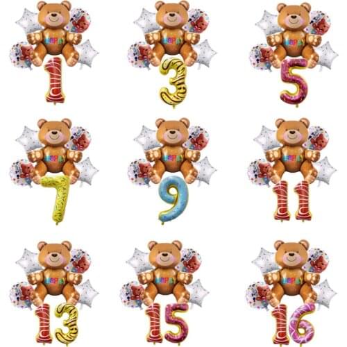 3D Brown Assembly Foil Birthday Bear Balloons with 32inch Doughnut Number Helium Balloon Baby Shower Birthday Party Decorations