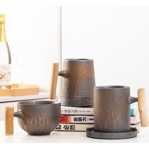 600ml Japanese Vintage Ceramic Coffee Mug Tumbler Rust Glaze Tea Milk Beer Mug with Wood Handle Water Cup Home Office Drinkware