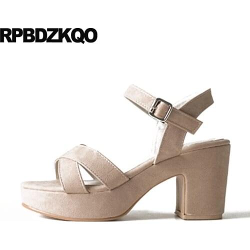 Women Korean Suede Open Toe Summer Thick Square Platform Slingback Shoes Pumps Double Strap Sandals Designer Block High Heels