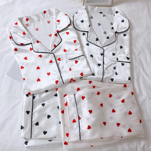 Womens Rayon Silk Pajamas Sey Hot Sleepwear Set Women Print Love Pajama Set 2Piece/Suit Top Long Sleeve Shirt Pant BigHomewear