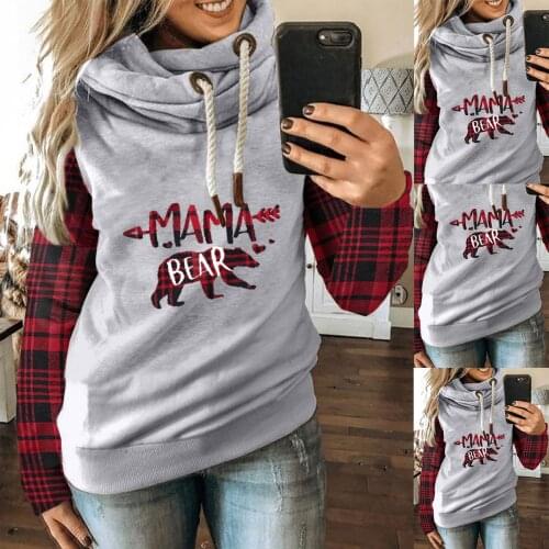 Womens Sweatshirt Mama Bear Color Block Hooded Sweatshirt Long Sleeve Fashionable AC889