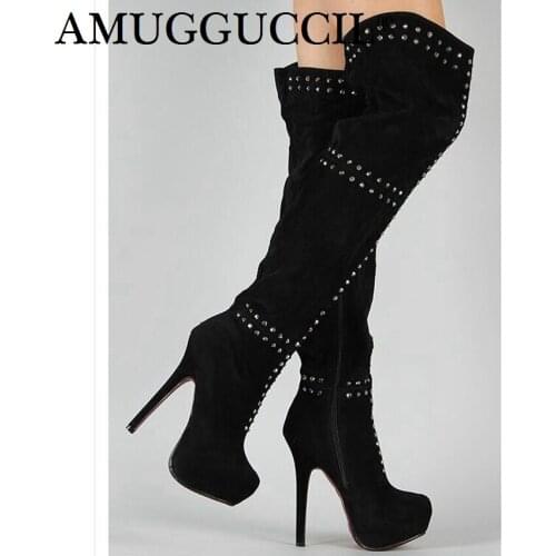 2020 New Plus Big Size 34-52 Black Zip Rivets Sexy Thigh High Heel Over The Knee Platform Female Ladies Women Winter Boot X1748