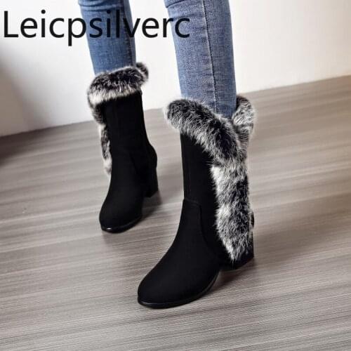 Womens Boots Autumn And Winter The New Round head zipper plush Thick heel mid heel Short tube Womens shoes plus size 32-45