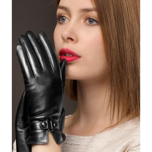 Womans Gloves Autumn Winter Warm Lined Real Leather Gloves Female Keep Warm Sheepskin Driving Gloves NW745-1