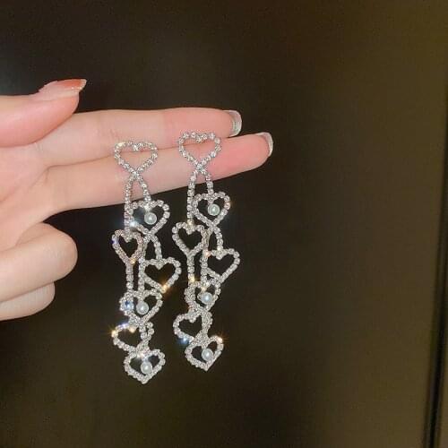 Exknl Love Heart Crystal Big Drop Earrings for Women Long Tassel Rhinestone Pearls Dangle Earrings Weddings Jewelry Accessories