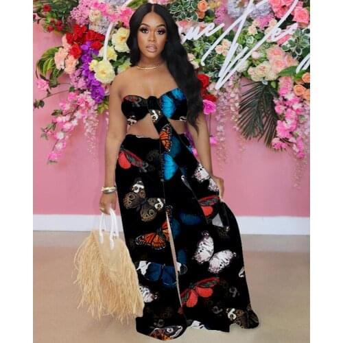 2021 New Arrival Famous Brand 2 pcs Women Set Print Strapless Bandage Short Tops Long Pants Summer Beach Outfits