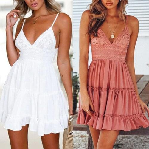 Hot！2 Color Summer Sexy Women Lace Patchwork V Neck Above Knee Spaghetti Strap Bow Backless Mini Slim Dresses Woman Summer 2021