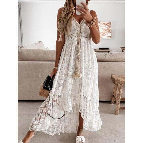 Floral Lace Dress Women V Neck Sexy sleeveless Spaghetti Strap Dress Long Plus Size Boho Backless Evening Midi Dresses Elegant