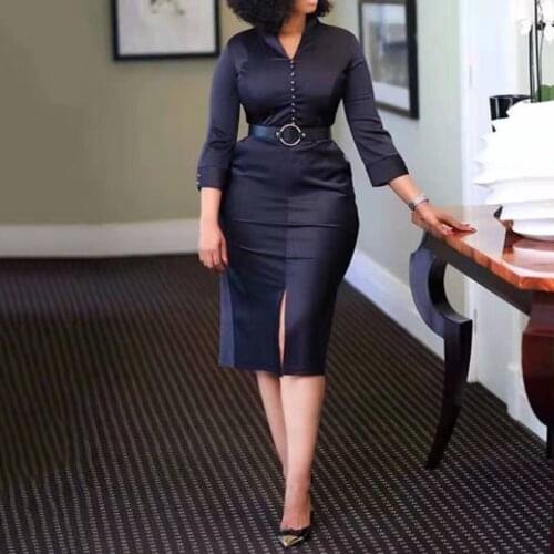 Office Dresses for Ladies 2021 Formal Classy Temperament Commuter Blue Bodycon Split Elegant Business Work Wear Dress Midi Hot