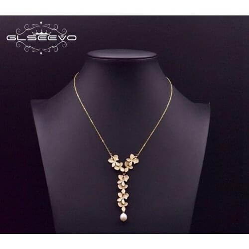 GLSEEVO 925 Sterling Silver Pearl Necklace For Women Wedding Engagement Leaf Pendant Necklace Bijoux Femme Jewellery GN0129