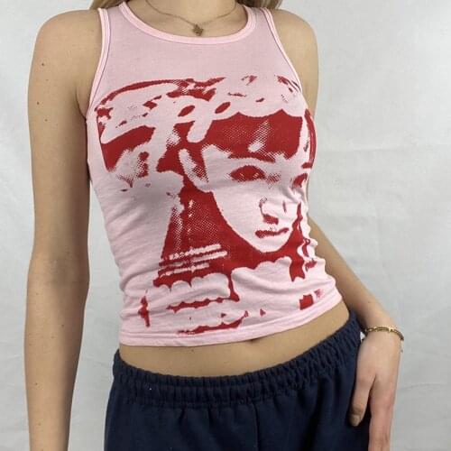 Face Graphic Printed Sweat Vest 2000s Vintage Sleeveless Tank Top E-girl Y2K Aesthetic Harajuku Streetwear Women Slim Fit Crop