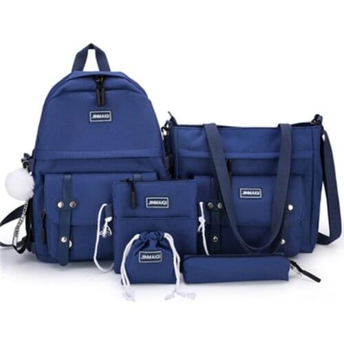 5 Piece Women New Canvas School Backpack Set Large Capacity Female Bag Pure Color Schoolbag For Students Girls