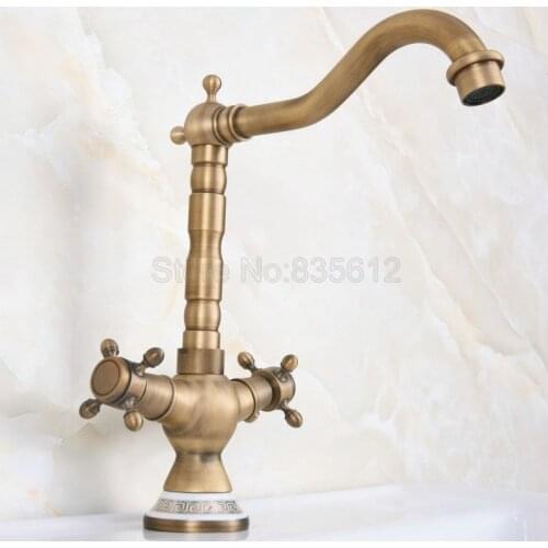 Antique Brass Dual Handle Bathroom Basin Faucet Vessel Sink Mixer Tap Swivel Spout Cold & Hot Water Faucets Wnf603