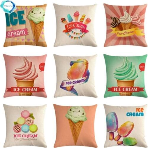 Ice Cream Print Cushion Cover Cotton Linen Throw Pillow Cover Decorative Pillowcase for Sofa Couch Bedroom Home Decor 45X45CM