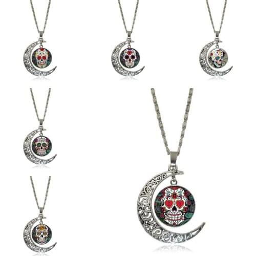 EJ Glaze Glass Cabochon Choker Moon Pendant Necklace Silver Color Jewelry For Women Girl Gift Mexican Sugar Skull