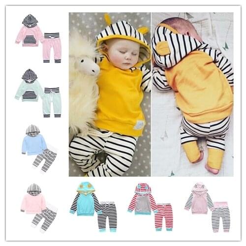 Ins baby clothing set patchwork stripe long sleeve hooded top + trouser 2pcs set 0~2 years old infant clothes wholesale