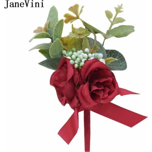JaneVini Artificial Flowers Boutonniere for Groom Red Rose Bride Bridesmaids Wedding Corsages Boutonnieres Bridal Wrist Flower