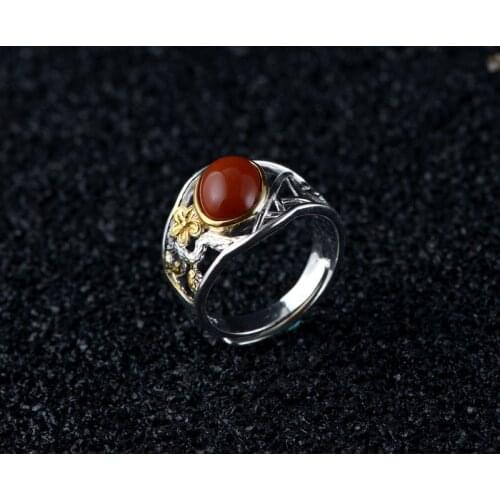 FNJ Natural Red Agate Ring 925 Silver Original Pure S925 Sterling Silver Rings for Women Jewelry Open Adjustable Flower