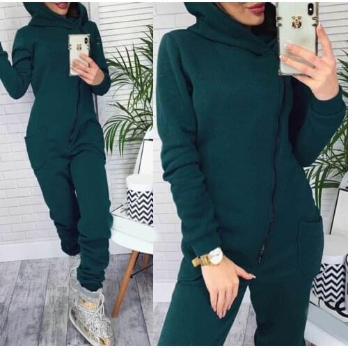 Womens Jumpsuit Oblique Zipper Pocket Hooded Sport Streetwear Patchwork Female Romper Autumn Winter Lady One-piece Set Clothes