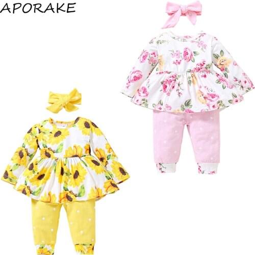 2021 0-4Y Spring Fall Kids Baby Clothing Set Sweet Girls Floral Print Long Sleeve Dress+Long Pants Cotton Outfits 3pcs