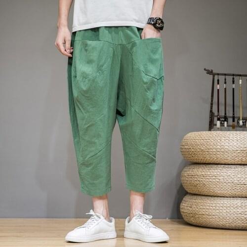 Korean Style Summer Men Linen Pants 2021 Men Wide Leg Trousers Male Drop Crotch HipHop Man Joggers Calf-Length Pants Track Pant