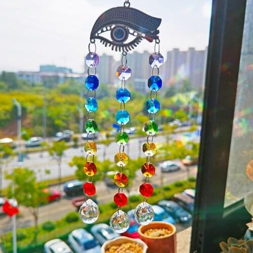 H&D Hanging Crystals Suncatcher Ornament with Hamsa Hand Evil Eye Charm Pendant Stained Glass Beads for Window Garden Decoration