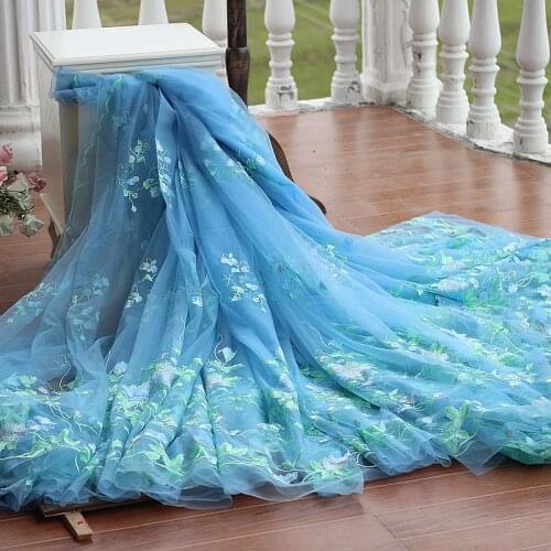 MLAEY width133cm blue Vintage Embroidered Lace Fabric in Gold, Wedding Gown Lace Trim bridal gown