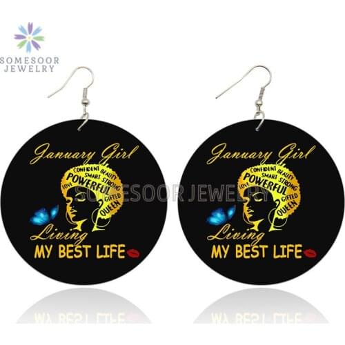 SOMESOOR Powerful Black Queen Loops Wooden Drop Earrings Inspired Sayings Living Best Life Printed Wood Dangle For Women Gifts