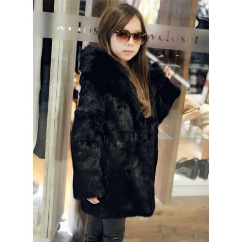 New girls real genuine natural rabbit fur coat with fox fur hood child fashion fur jacket kid warm winter outwear