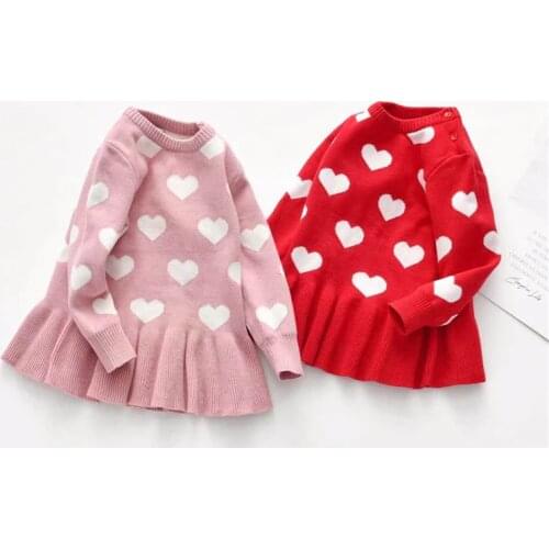 Autumn Winter Infant Baby Girls Sweater Dress LOVE Heart Print Knit Long Sleeve Ruffles A-Line Mini Dress 1-5Y