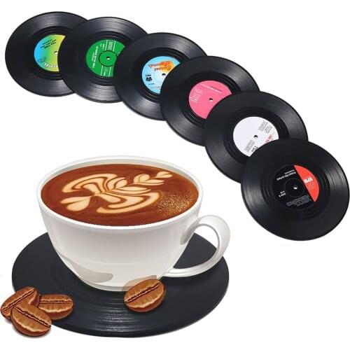 6Pcs Vinyl Coasters Set Retro Vinyl Record Coasters Round Disk Coaster Non Slip Record Cup Mat For All Cups Mugs Bottles Glass