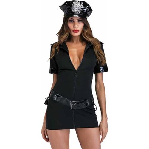 PVC Leather Collar Cop Costume Adultes Halloween Police Mini Fancy Party Dress Plus Size Cosplay Policewomen Costume For Women