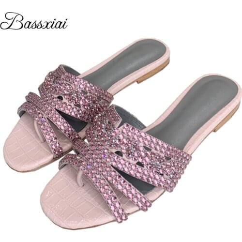 Rhinestone Diamond Flat Heel Slippers Women Genuine Leather Fretwork Slip-on Lazyman Mules Summer Crystal Summer Shoes