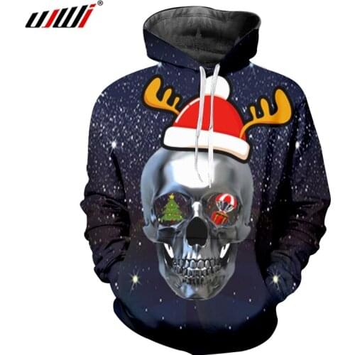 UJWI Winter Man Creative Starry Sky Tree Hoodies 3D Printed Christmas Hat And Skulls Unisex Wholesale Glitter Pullover