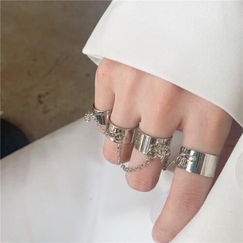 Punk Cool Hip Pop Rings Multi-layer Adjustable Chain Four Open Finger Rings Alloy Man Rotate Rings for Women Party Gift