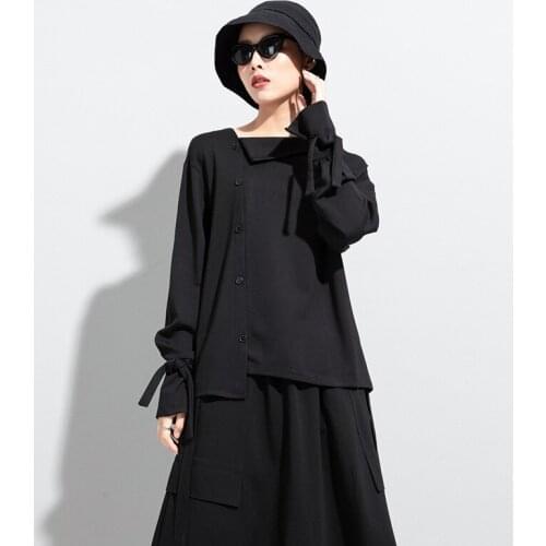 Lady spring and autumn female designer new personality irregular collar long sleeve T shirt street bow fashion top