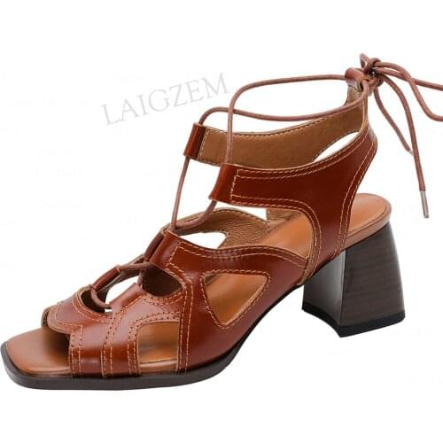 LAIGZEM FASHION Women Sandals Leather/Suede Block Heels Sandals Summer Gladiator Lace Up Shoes Woman Sandalias Size 33 36 39 40