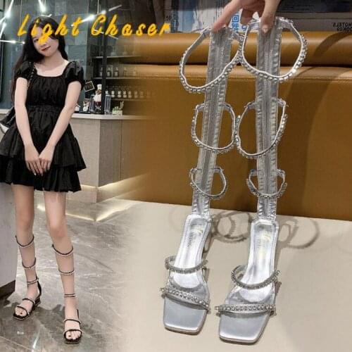 Ladies High Heels Summer Sandals Women Rome Sexy Square Toe Open Toe Womens Sandals Knee High Sandals Party Dress Shoes 2021